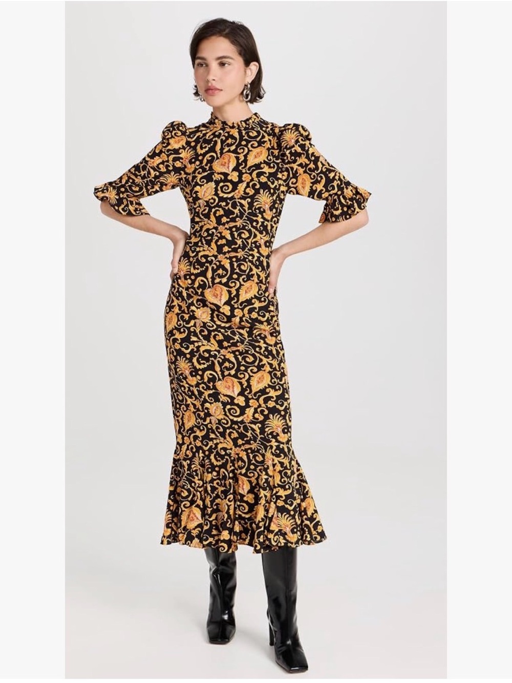 RHODE Felix Dress Black & Gold Floral Midi Dress with Ruffle Hem Sz 10 - Picture 4 of 17